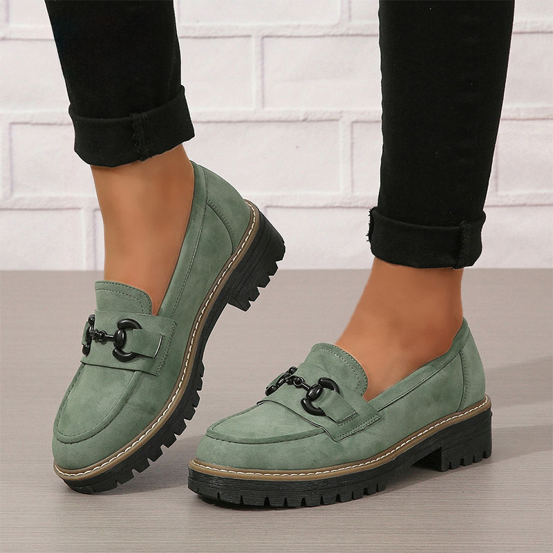Shoeswoon Dusty Green Faux Suede Chain Buckle Chunky Platform Loafers