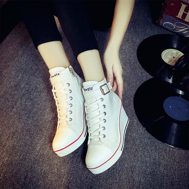 Shoeswoon Canvas High‑Top Wedge Sneakers with Buckle Strap & Side Zipper