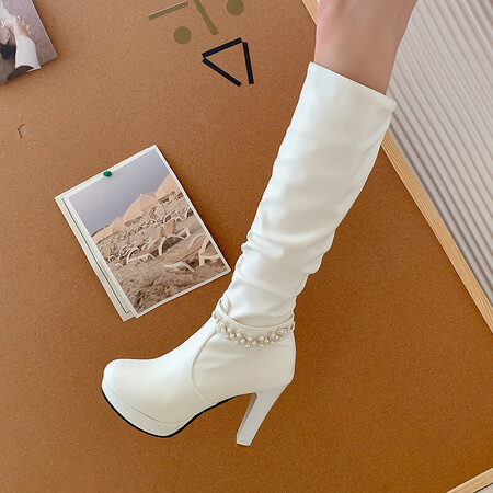 Shoeswoon Slouch Knee‑High Boots Pearl Chain Decor Platform Block Heel Side Zip