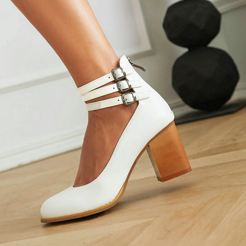 Shoeswoon Retro Triple Buckle Back‑Zip Mid Heel Mary Jane Shoes