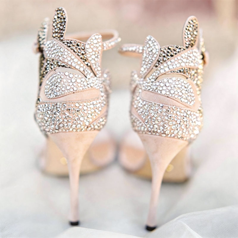 Shoeswoon Sparkling Rhinestone Cutout Ankle Strap Stiletto Wedding Sandals