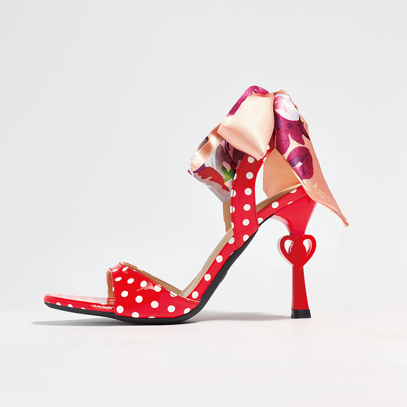 Shoeswoon Polka Dot Square Toe Stiletto Heel Floral Satin Ankle Wrap Sandals