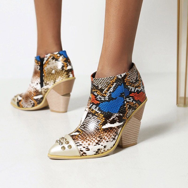 Shoeswoon Fashion Patchwork Stud Decor Pointed Toe Wood‑Look Wedge Heel Ankle Boots