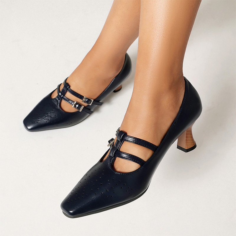 Shoeswoon Vintage Double‑Buckle Cut‑Out Square Toe Kitten‑Heel Mary Janes