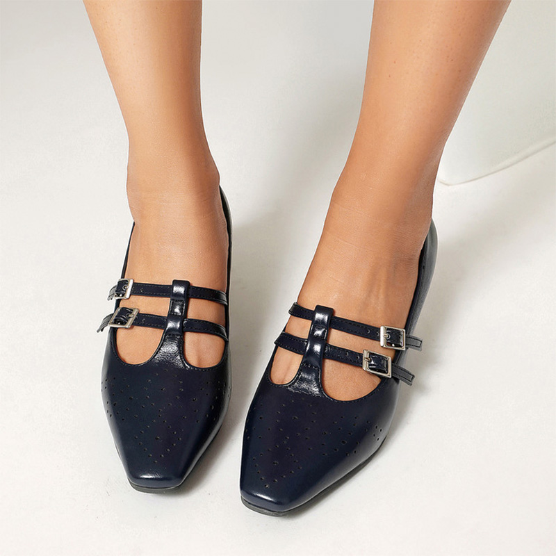 Shoeswoon Vintage Double‑Buckle Cut‑Out Square Toe Kitten‑Heel Mary Janes