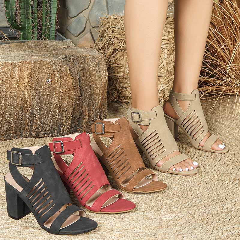 Shoeswoon Vertical Cutout Open Toe Buckle Strap Block Heel Ankle Sandals
