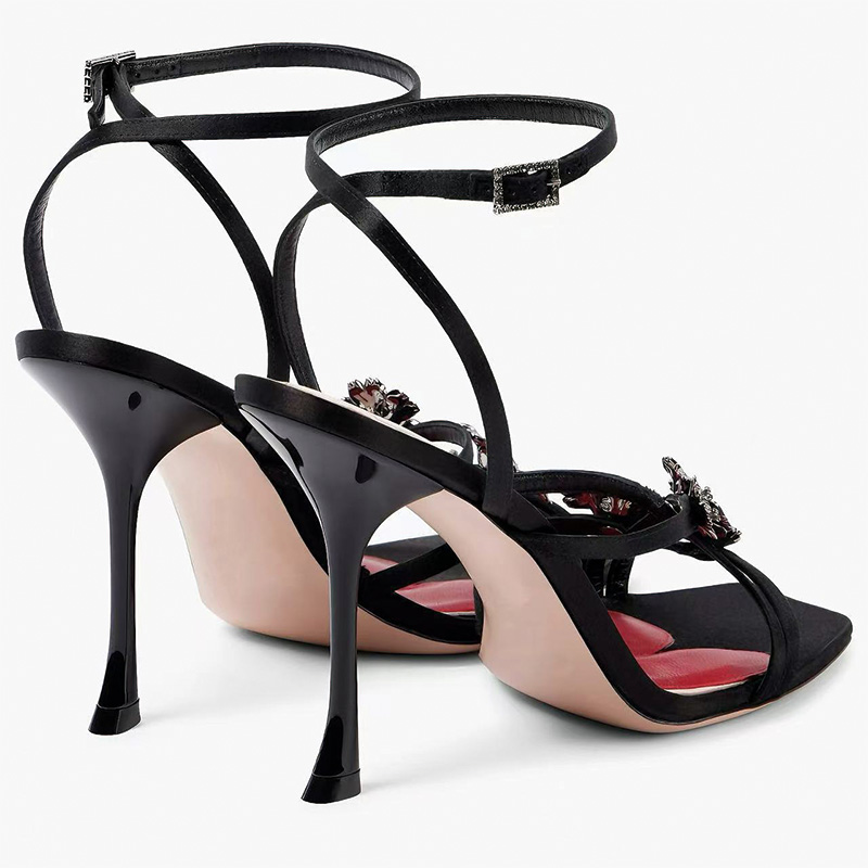 Shoeswoon Square Toe Crystal Floral Criss Cross Ankle Wrap Buckle Thin Stiletto Heel Sandals