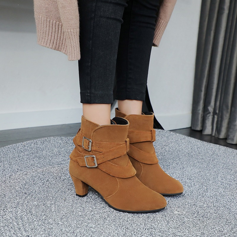 Shoeswoon Suede‑Texture Ankle Boots Multi‑Buckle Wrapped Straps Round Toe Low Block Heel
