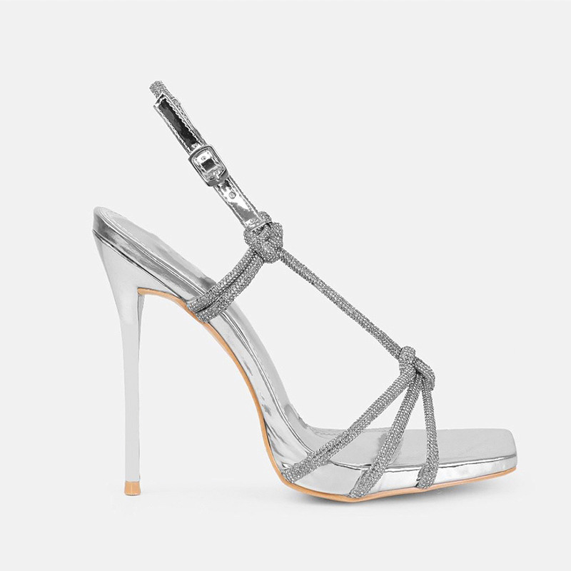 Shoeswoon Glitter Knotted Strap Square Toe Ankle Buckle Stiletto Heel Sandals