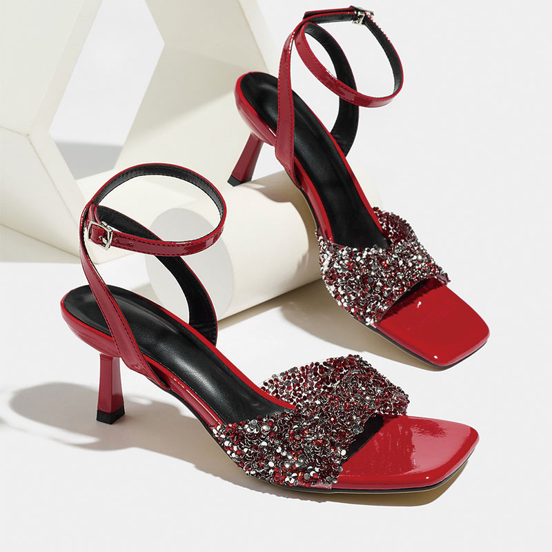 Shoeswoon Rhinestone Glitter Ankle Strap Square Toe Kitten Heel Sandals