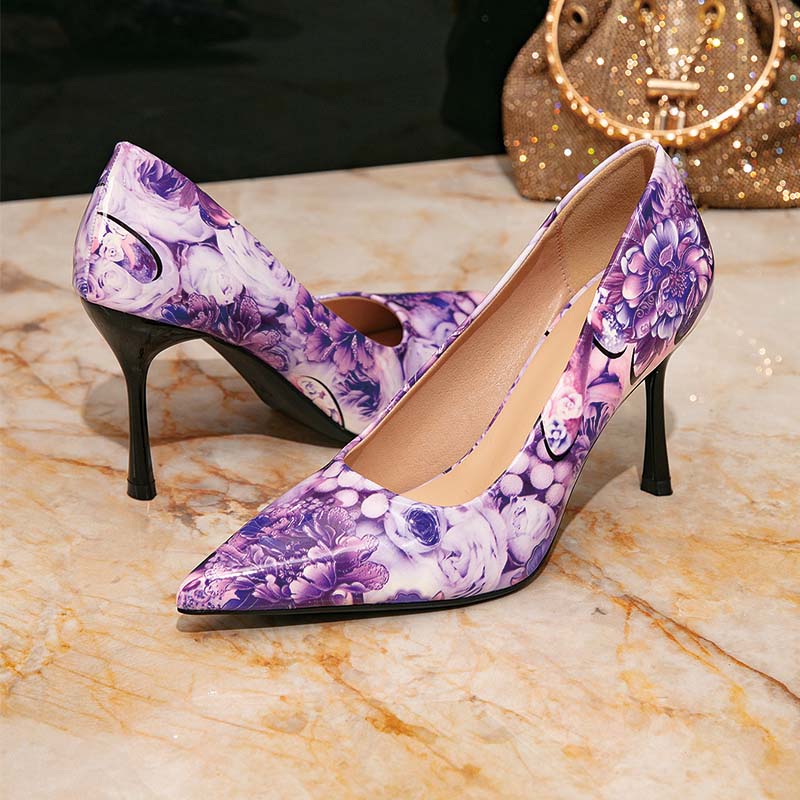 Shoeswoon Purple Floral Print Satin Pointed Toe Slim Stiletto High Heel Pumps