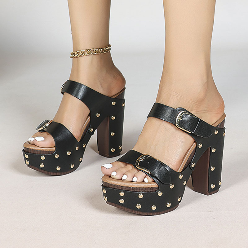 Shoeswoon Double Buckle Gold Stud Platform Chunky Heel Slide Mule Sandals