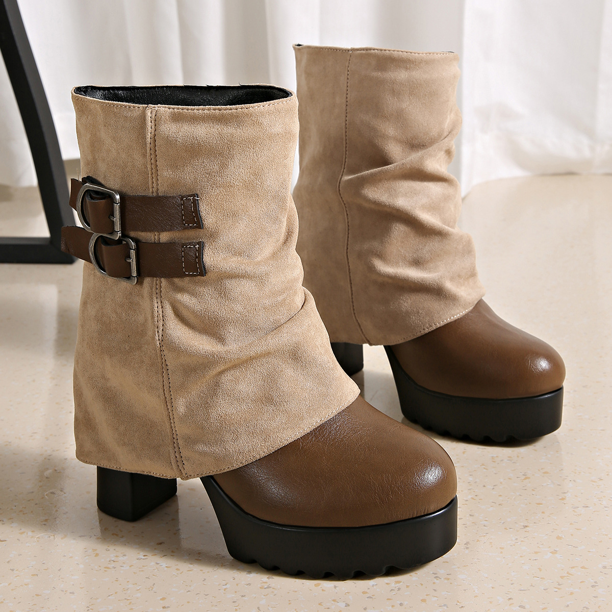 Shoeswoon Retro Dual Buckle Block Heel Fold Top Ankle Boots