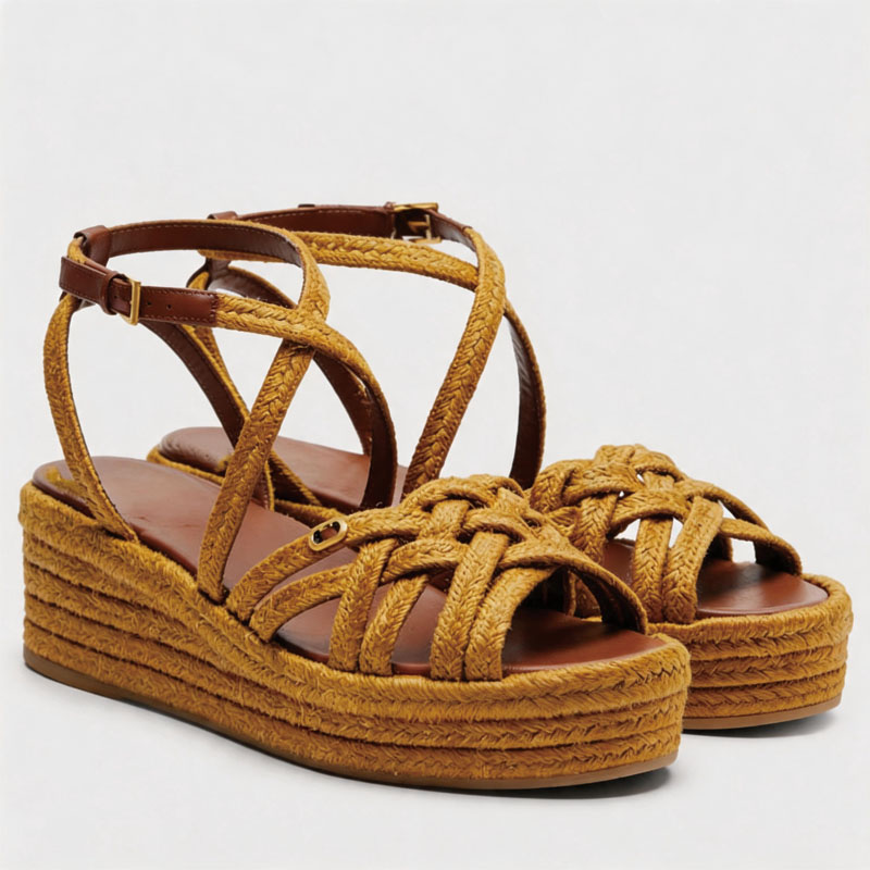 Shoeswoon Yellow Woven Crisscross Ankle Buckle Platform Wedge Sandals