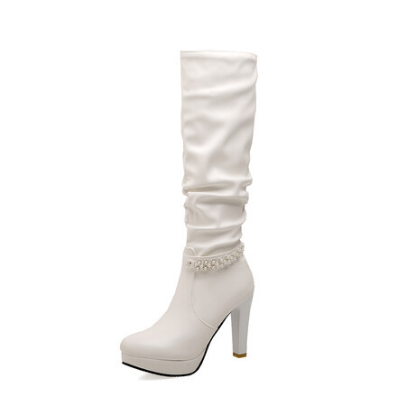 Shoeswoon Slouch Knee‑High Boots Pearl Chain Decor Platform Block Heel Side Zip