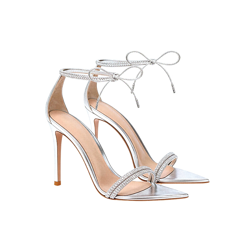 Shoeswoon Crystal Rhinestone Ankle Tie Bow Pointed Toe Stiletto Heel Sandals
