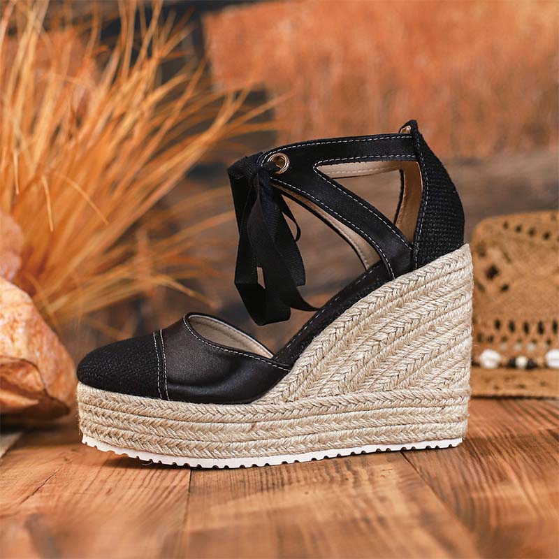 Shoeswoon Mixed Textile Lace Up Closed Toe Woven Rope Platform Wedge Sandals