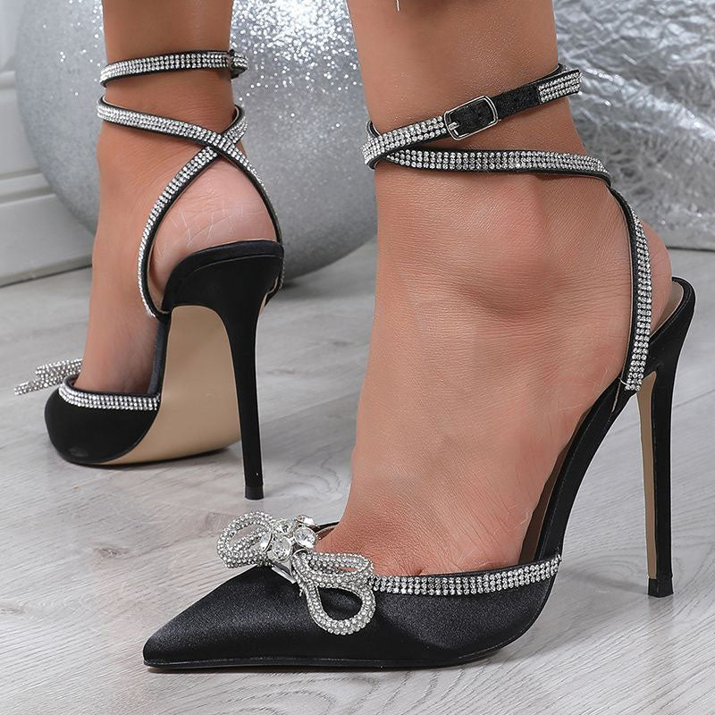 Shoeswoon Satin Pointed Toe Rhinestone Bow Ankle Strap Heels