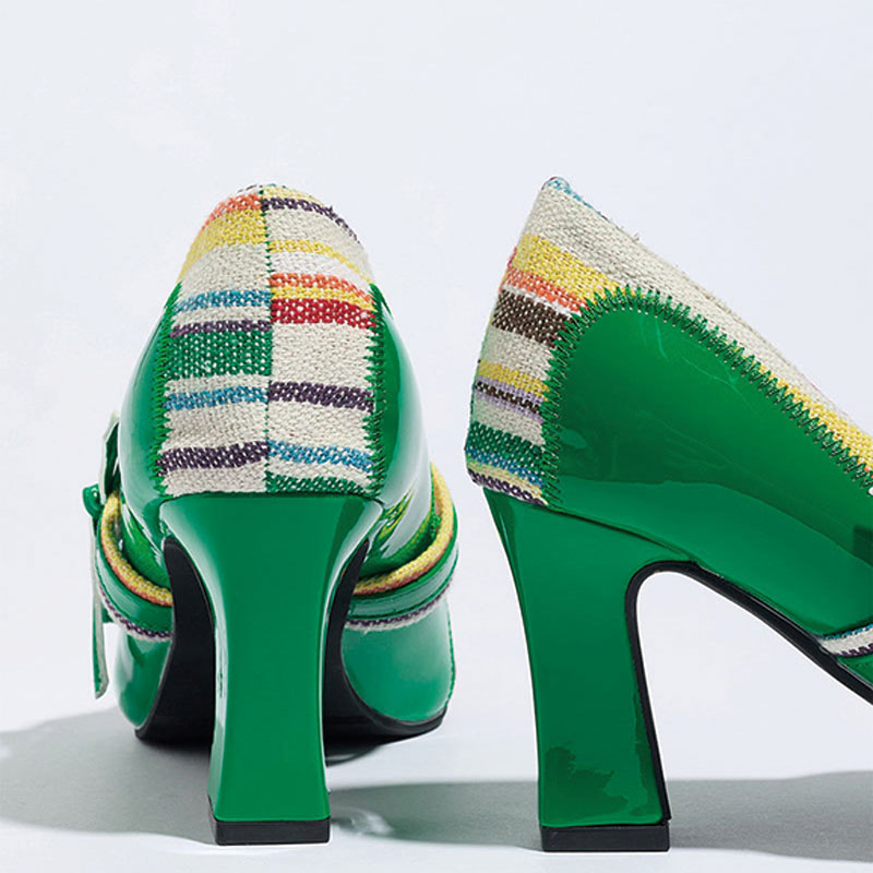 Shoeswoon Green Patent Colorful Striped Fabric Bow Mary Jane Block Heel Pumps