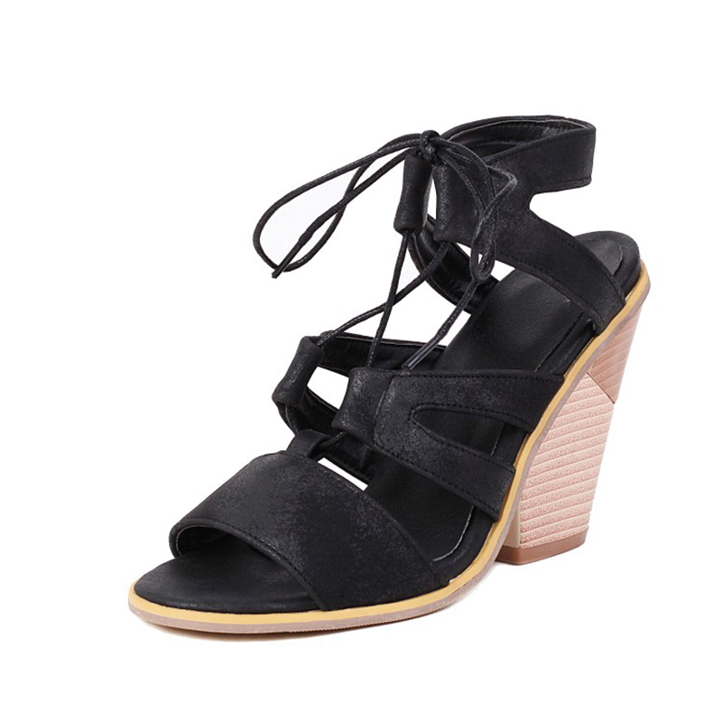 Shoeswoon Strappy Lace Up Cutout Open Toe Caged Chunky Heel Sandals