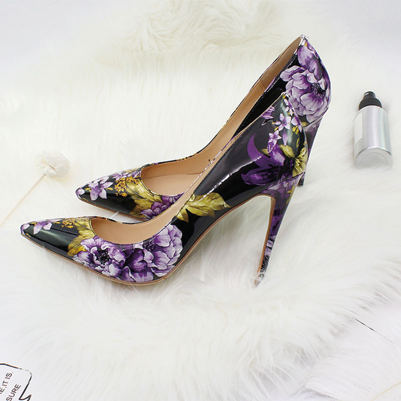 Shoeswoon Colorful Floral Print Patent Pointed Toe Slim Stiletto High Heel Pumps