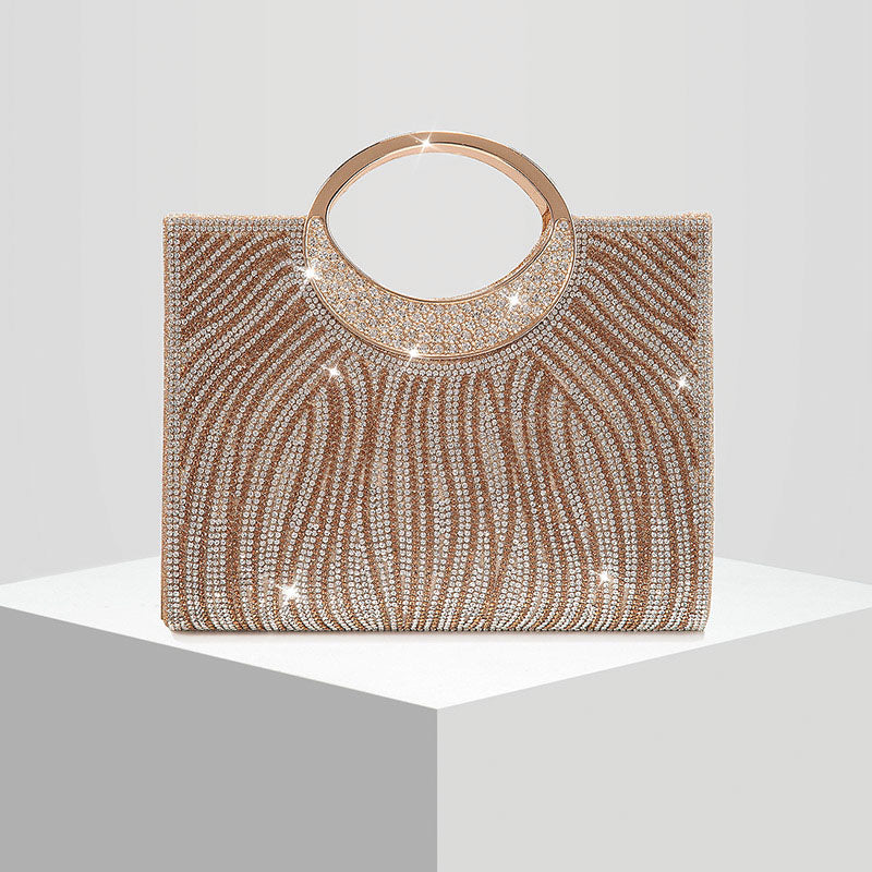 Shoeswoon Dazzling Full Rhinestone Wave Pattern Ring Handle Evening Clutch