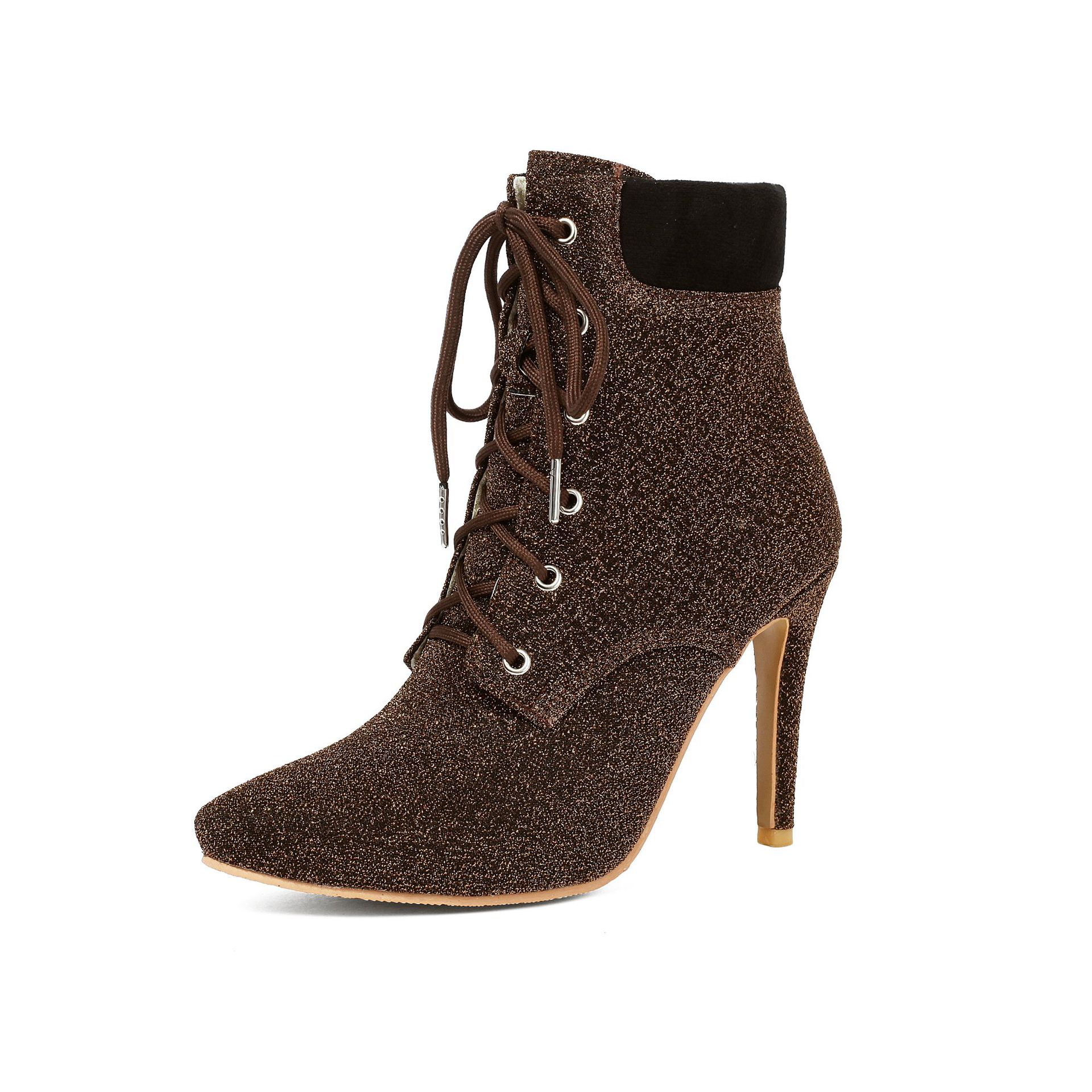 Shoeswoon Glitter Pointed‑Toe Ankle Booties Front Lace‑Up Design Slim Stiletto Heel