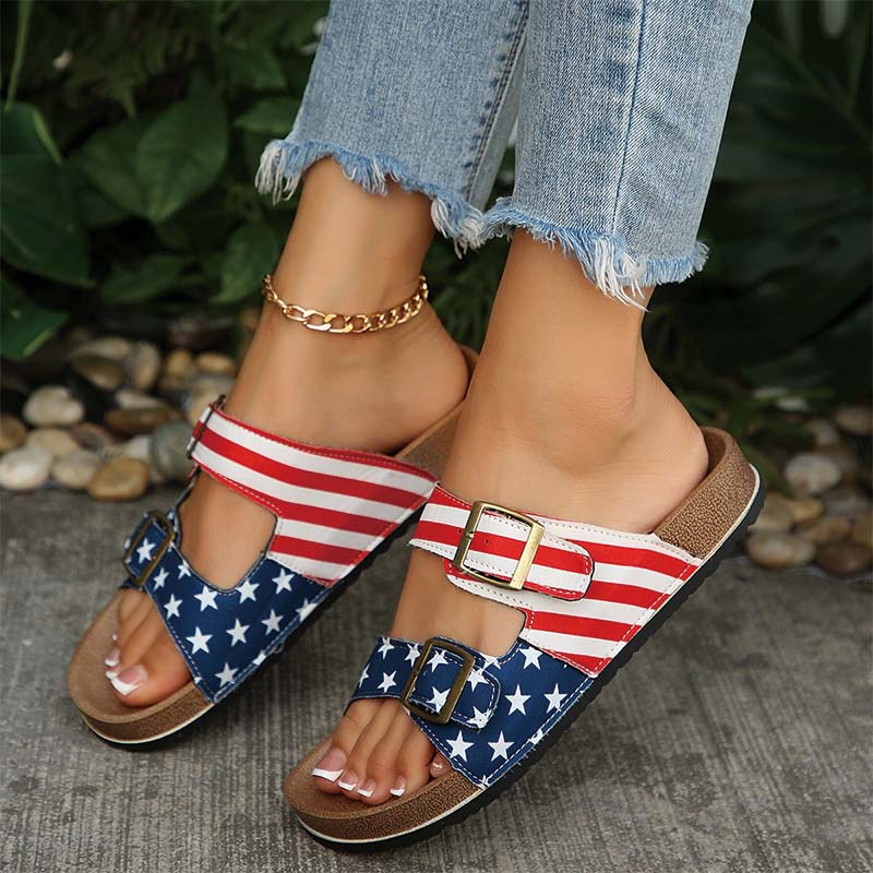 Shoeswoon Flag Print Double Adjustable Buckle Cork Footbed Slide Sandals