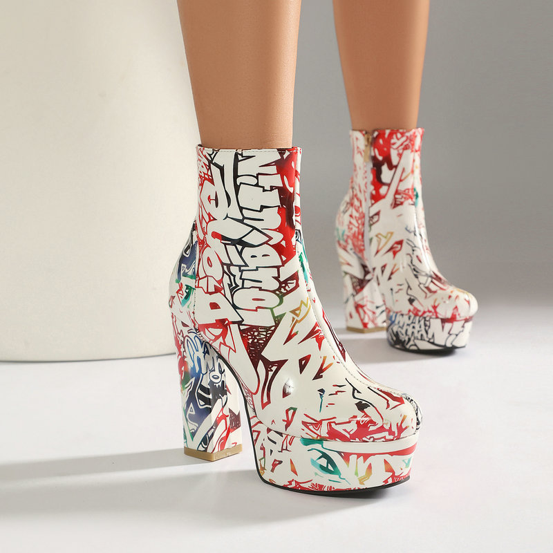 Shoeswoon Artistic Print Platform Booties Round Toe Side Zipper Bold Block Heel