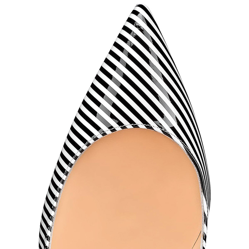 Shoeswoon Black White Striped Patent Pointed Toe Stiletto Pumps