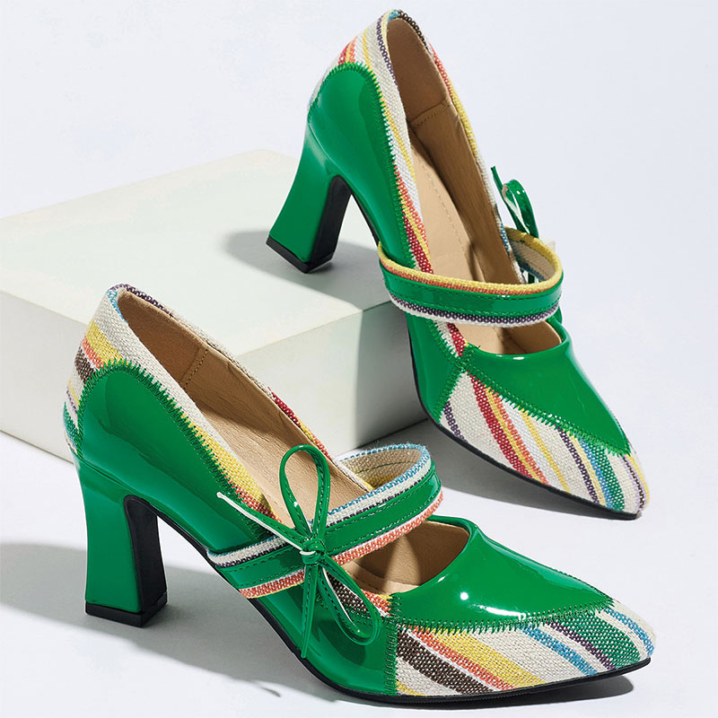 Shoeswoon Green Patent Colorful Striped Fabric Bow Mary Jane Block Heel Pumps