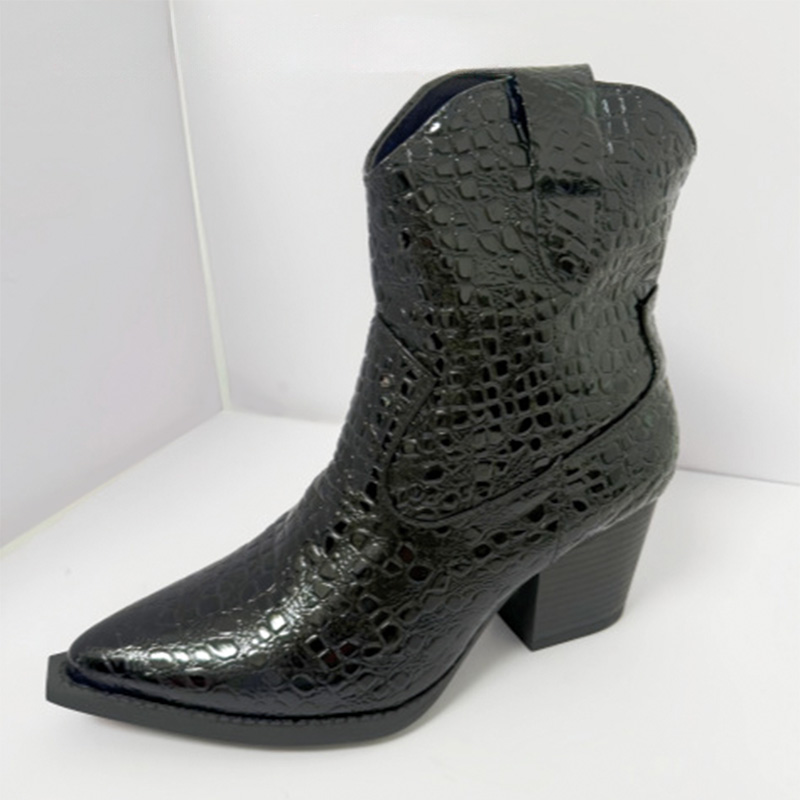 Shoeswoon Croc Embossed Pointed Toe Slip On Chunky Heel Ankle Western Cowgirl Boots