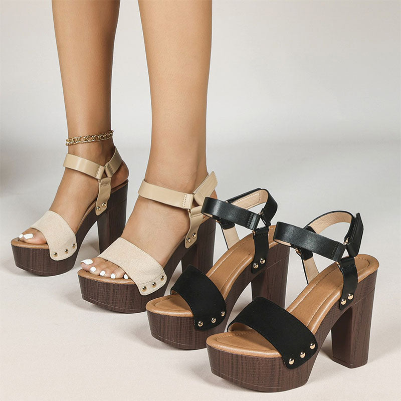Shoeswoon Faux Leather Suede Mix Ankle Strap Chunky Platform Heel Sandals
