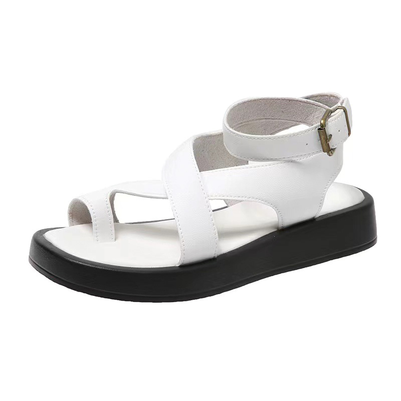 Shoeswoon Criss Cross Toe Loop Ankle Strap Platform Flat Sandals