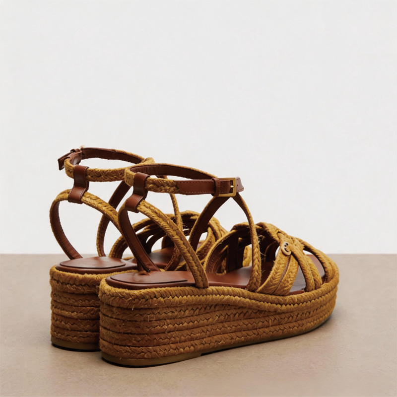 Shoeswoon Yellow Woven Crisscross Ankle Buckle Platform Wedge Sandals