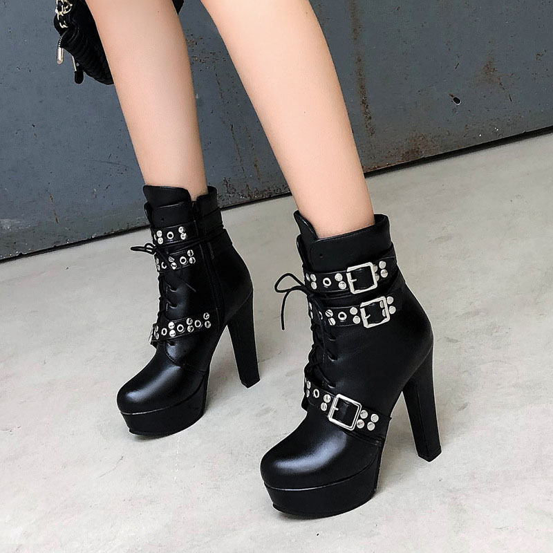 Shoeswoon Faux‑Leather Studded Multi‑Buckle Lace‑Up Platform Ankle Boots