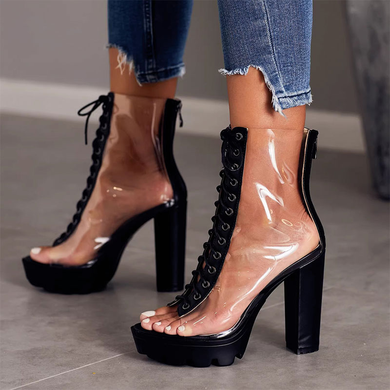 Shoeswoon Clear Peep Toe Lace-Up Platform Chunky Heel Sandals