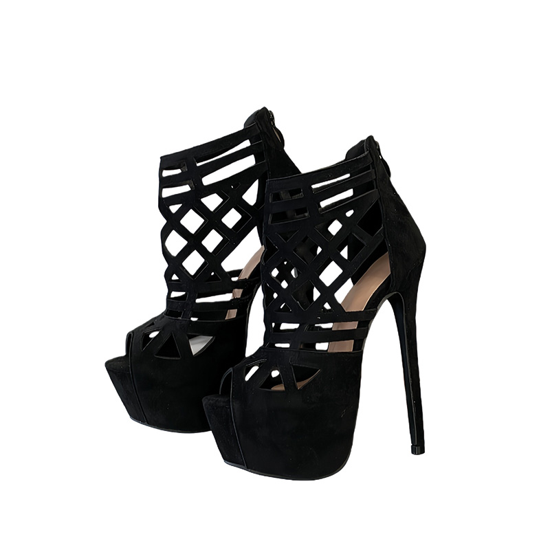 Shoeswoon Black Suede Cutout Cage Peep Toe Back Zip Platform Stiletto Ankle Sandals