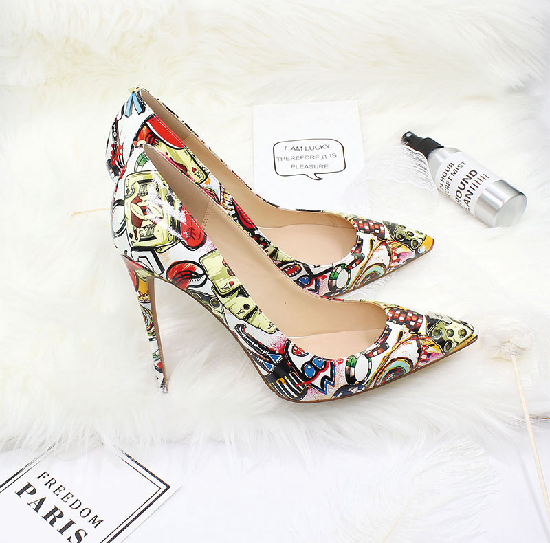 Shoeswoon Colorful Floral Print Patent Pointed Toe Slim Stiletto High Heel Pumps