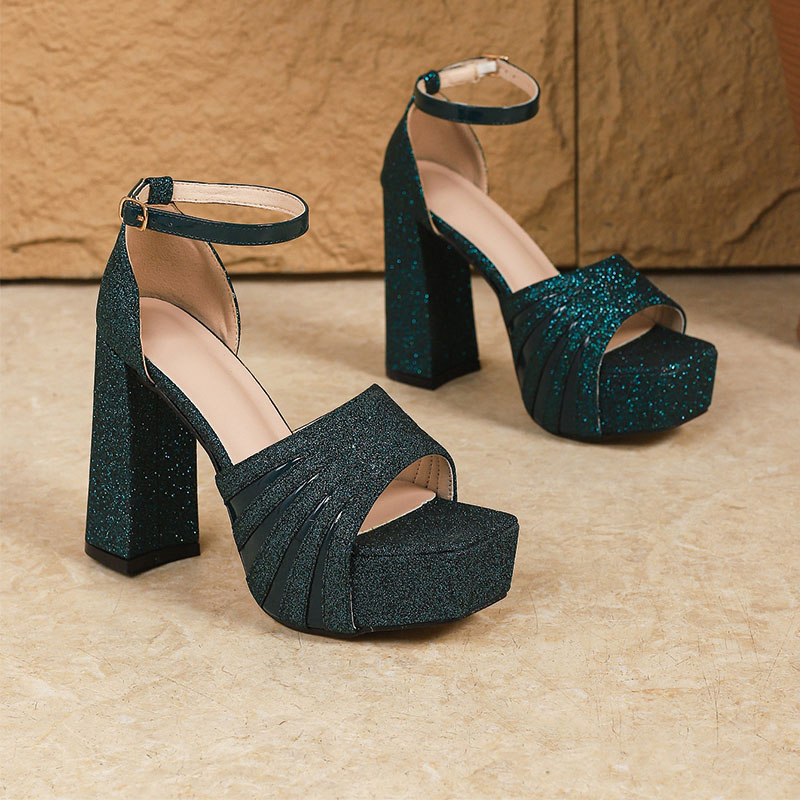 Shoeswoon Teal Glitter Square Open Toe Adjustable Buckle Chunky Platform Sandals