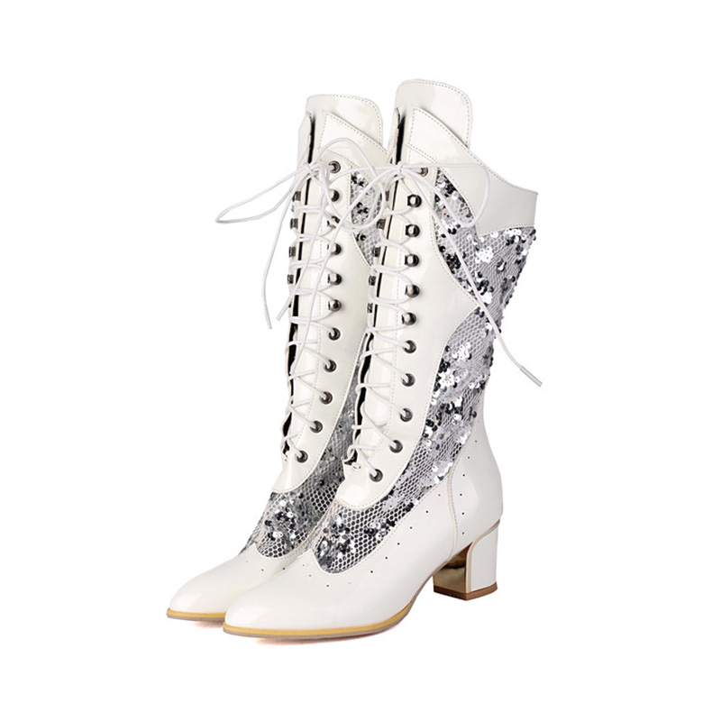Shoeswoon Gothic Mesh Patchwork Lace‑Up Pointed‑Toe Chunky Heel Party Mid Calf Booties