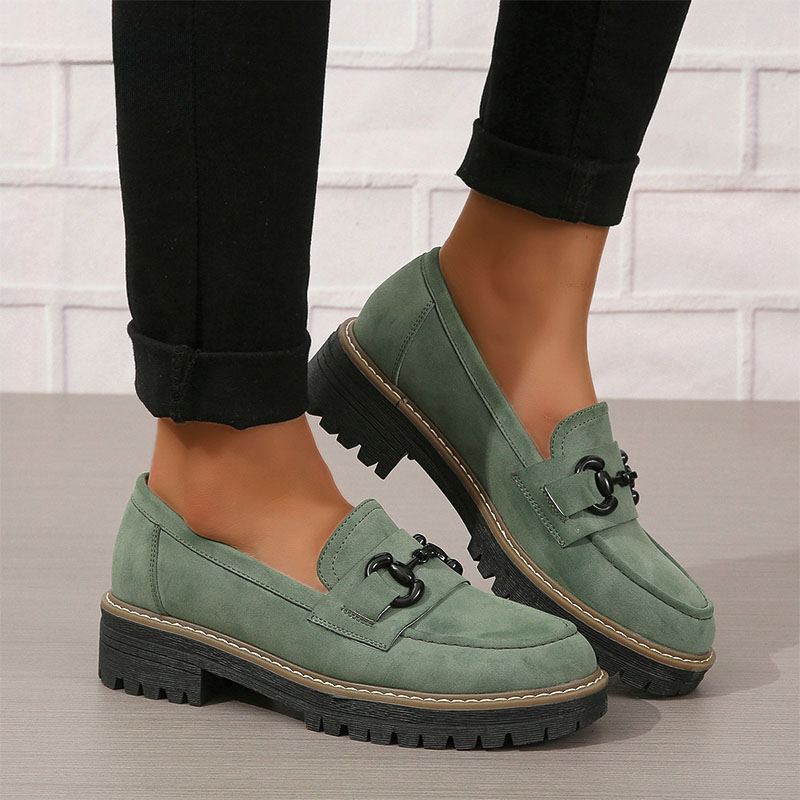 Shoeswoon Dusty Green Faux Suede Chain Buckle Chunky Platform Loafers