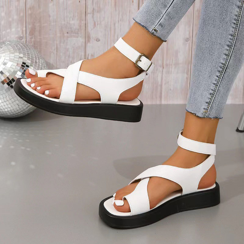 Shoeswoon Criss Cross Toe Loop Ankle Strap Platform Flat Sandals