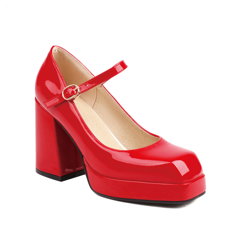 Shoeswoon Square Toe Single Ankle Strap Buckle Platform Chunky Heel Mary Jane Pumps