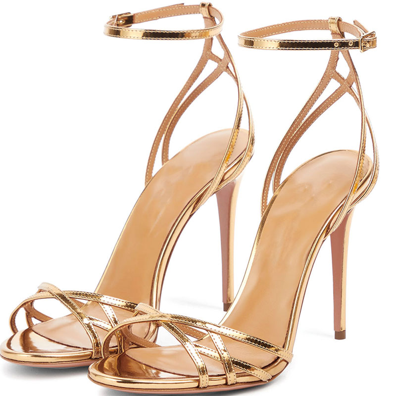 Shoeswoon Metallic Gold Multi Thin Criss Cross Strap Ankle Buckle Stiletto High Heel Sandals