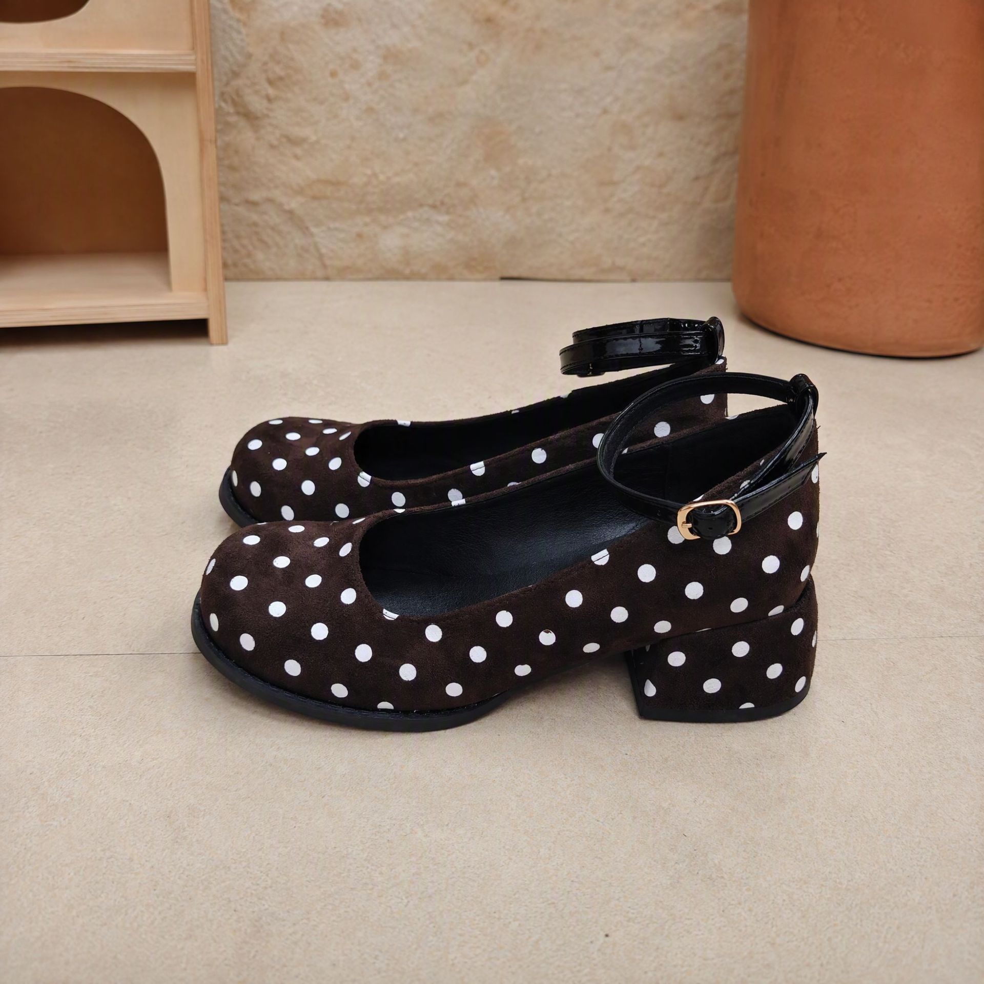 Shoeswoon Round Toe Ankle Strap Polka‑Dot Mid Heel Mary Janes