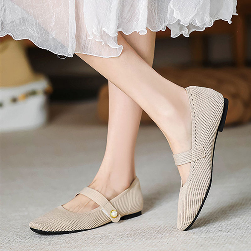 Shoeswoon Ribbed Knit Pearl Button Square Toe Mary Jane Flat Shoes