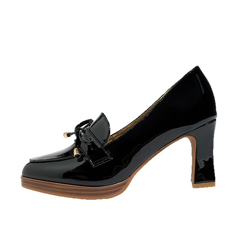 Shoeswoon Black Patent Bow Decor Platform Block Heel Loafer Pumps