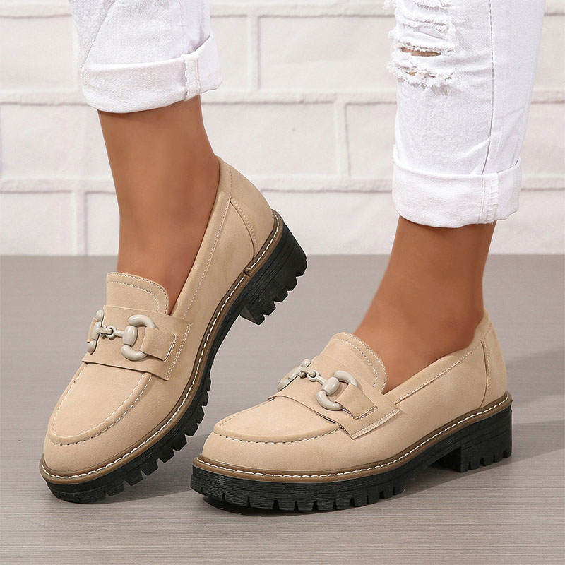 Shoeswoon Dusty Green Faux Suede Chain Buckle Chunky Platform Loafers