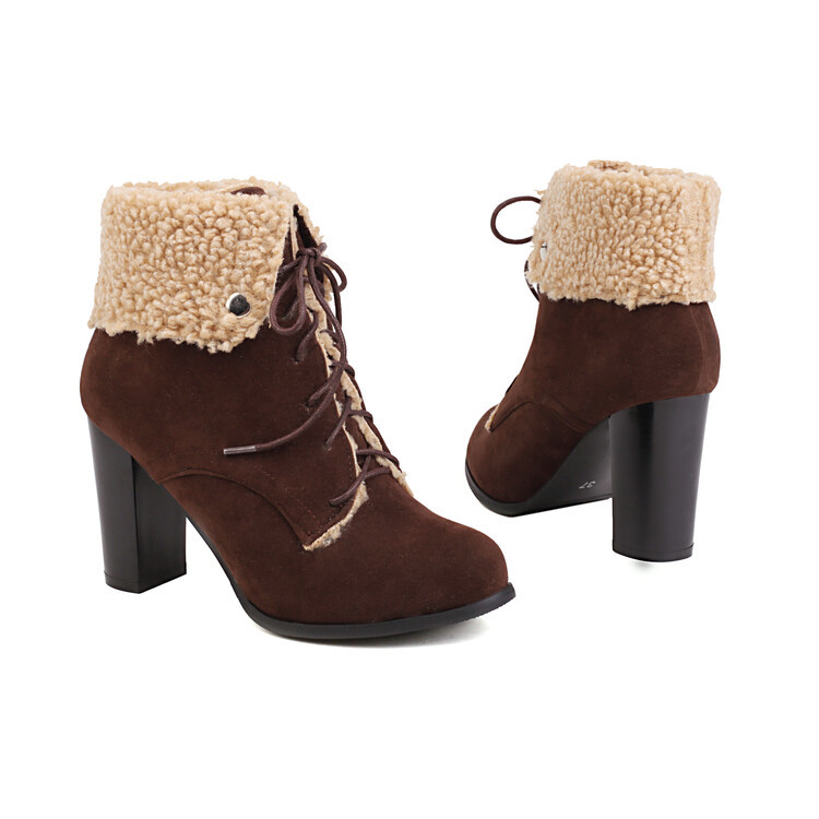Shoeswoon Fleece‑Cuff Lace‑Up Ankle Booties Faux‑Fur Trim Block Heel